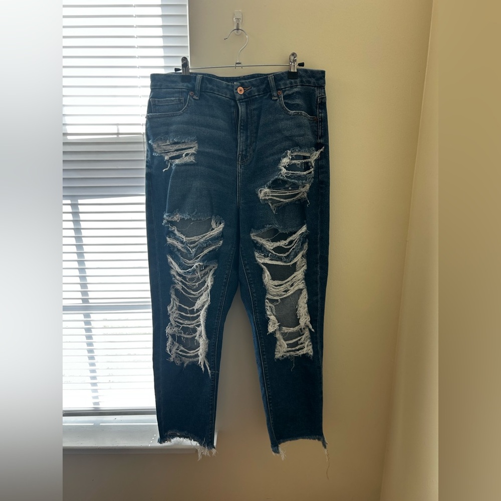 American Eagle Outfitters Distressed Straight Leg Jeans - Dark Blue